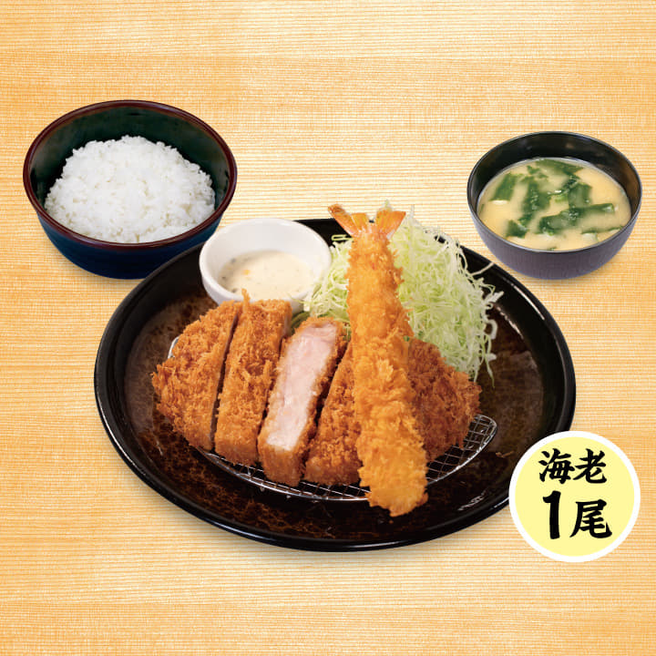 ”大麦豚”厚切りロースかつ＆海老フライ（1尾）定食