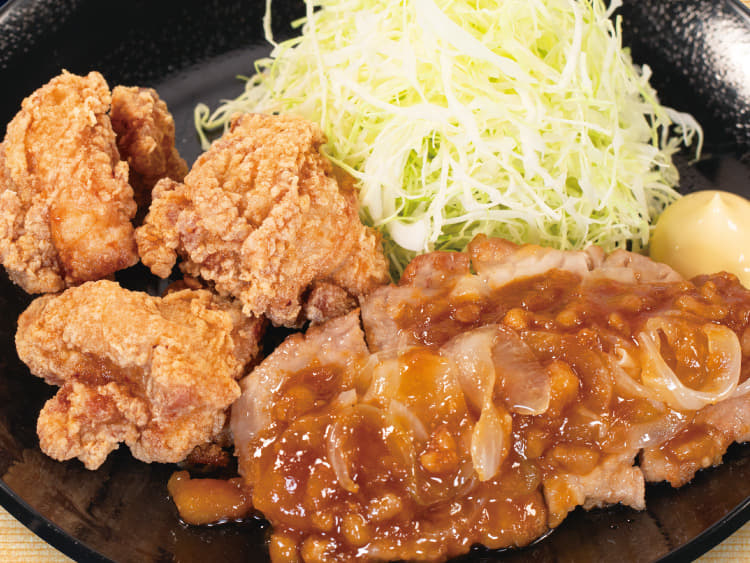 背脂生姜タレのポークフライドステーキ＆本格唐揚げ定食