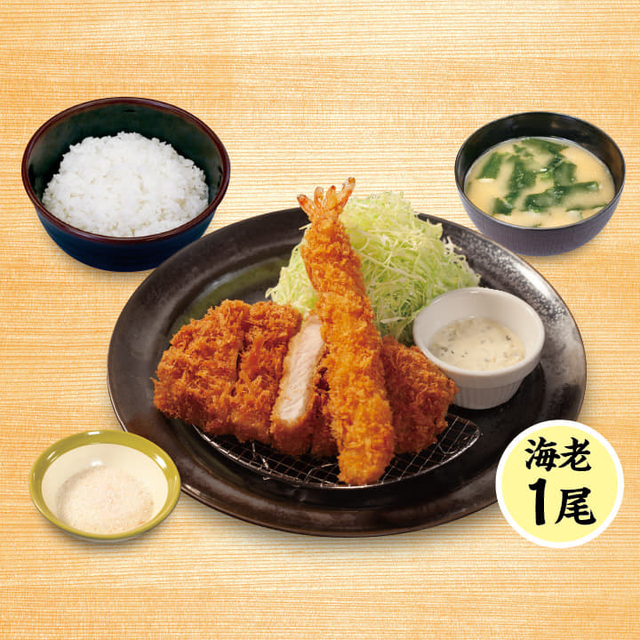 “国産麦小町”ロースかつ＆海老フライ（1尾）定食