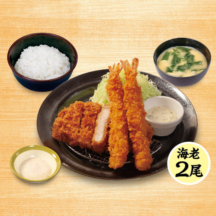 “国産麦小町”ロースかつ＆海老フライ（2尾）定食