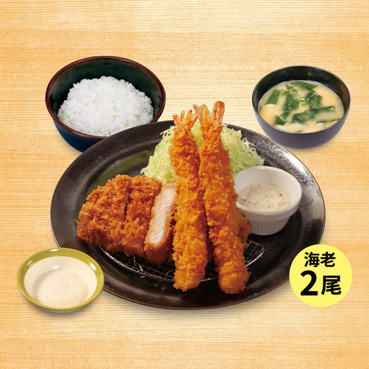 “大麦豚”ロースかつ＆海老フライ（2尾）定食