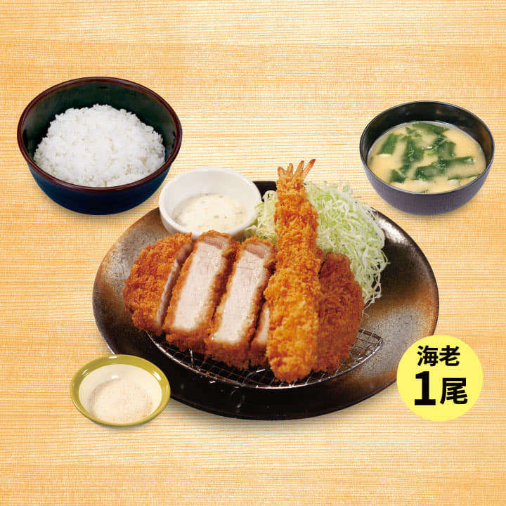 “大麦豚”厚切りリブロースかつ＆海老フライ１尾定食