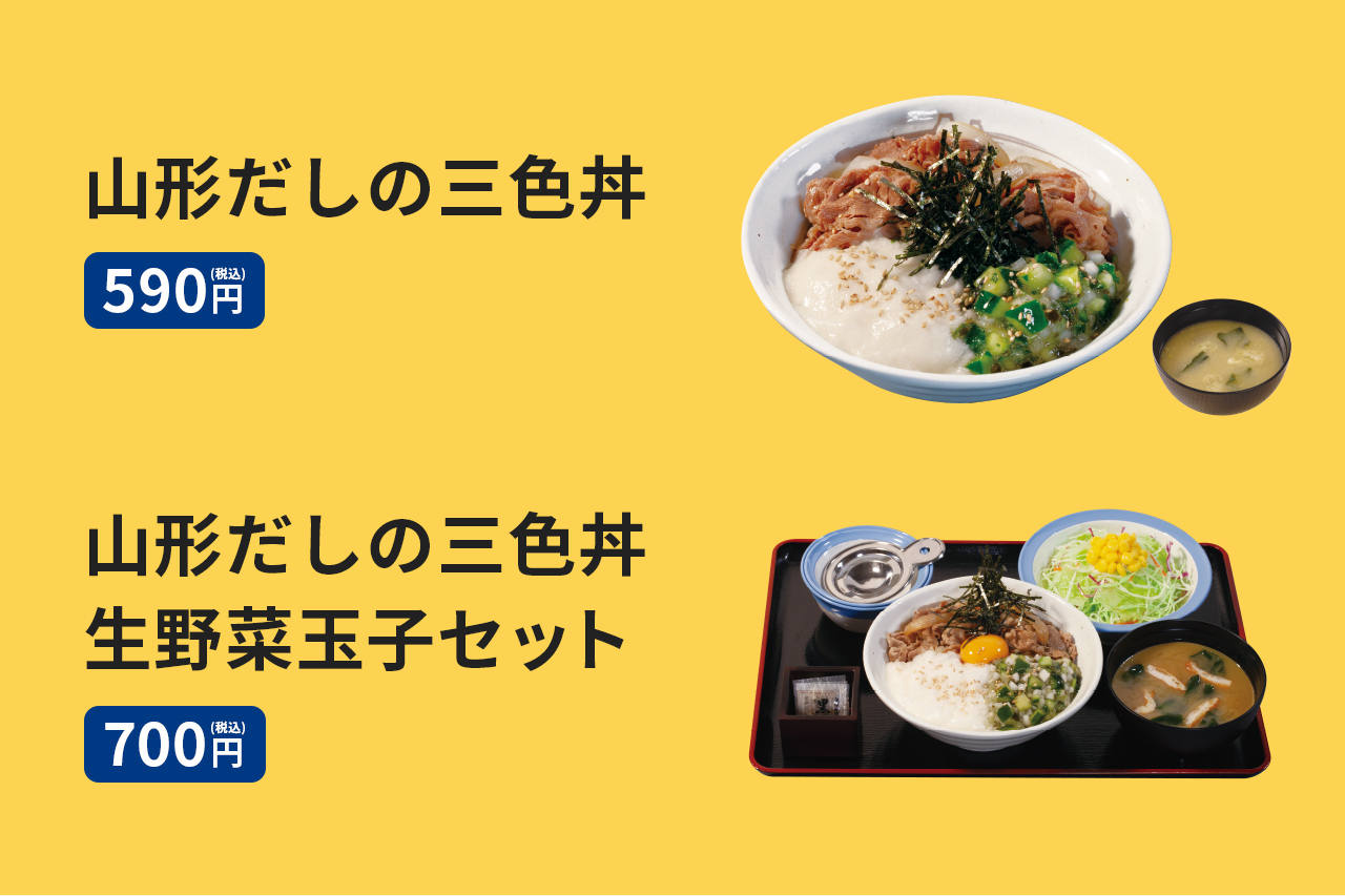 山形だしの三色丼（みそ汁付）590円。山形だしの三色丼生野菜玉子セット（みそ汁・生野菜・生玉子付）700円。山形だし単品（みそ汁は付きません）180円。