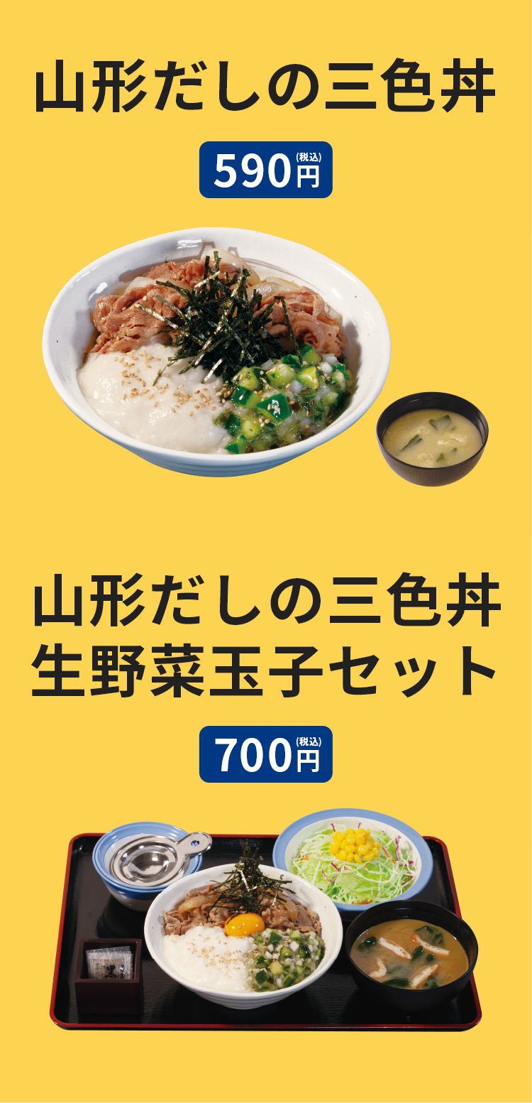 山形だしの三色丼（みそ汁付）590円。山形だしの三色丼生野菜玉子セット（みそ汁・生野菜・生玉子付）700円。山形だし単品（みそ汁は付きません）180円。