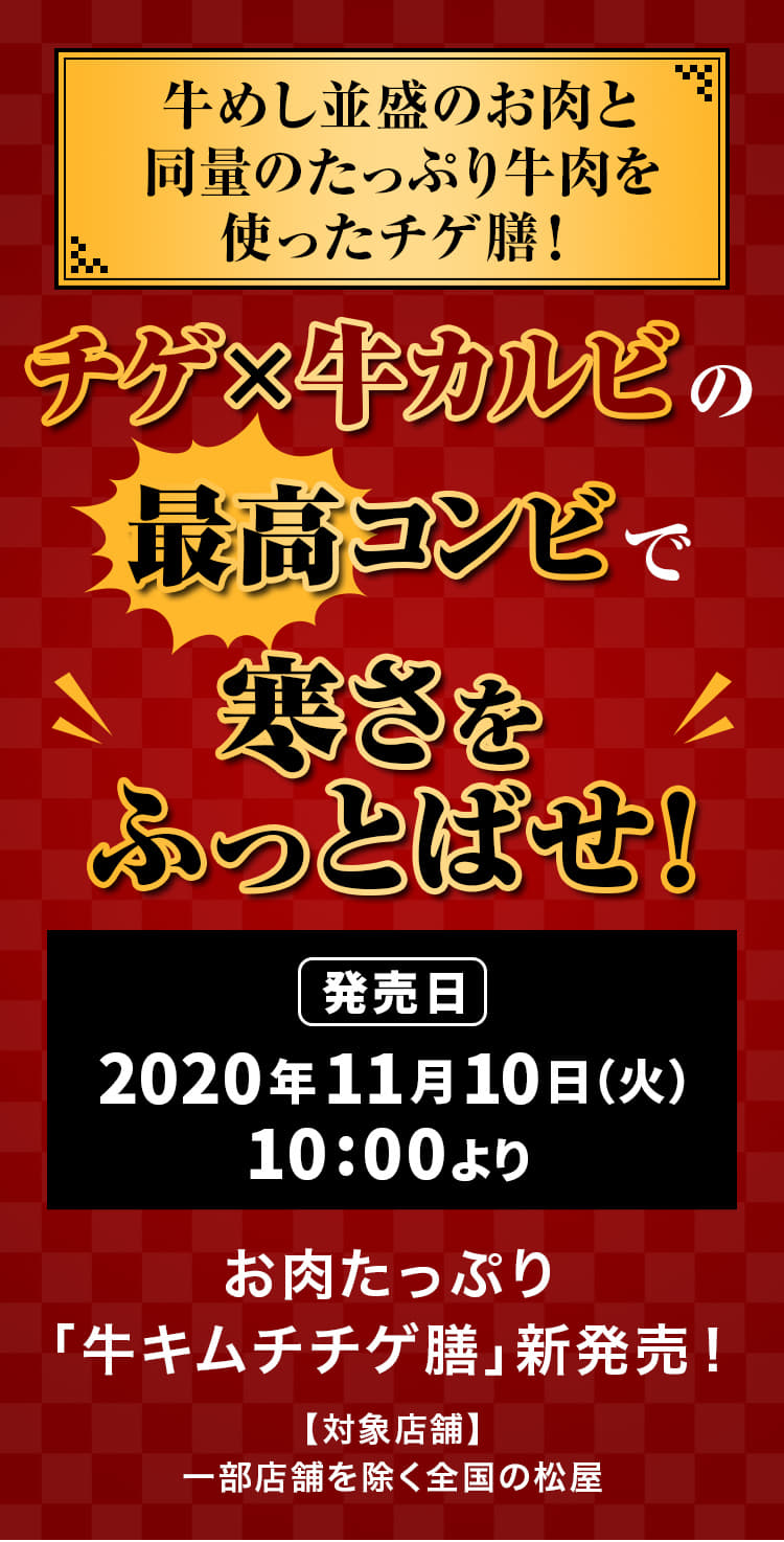 牛めし並盛のお肉と同量のたっぷり牛肉を使ったチゲ膳。 チゲ×牛カルビの最高コンビで寒さをふっとばせ！2020年11月10日（火）午前10時より発売です。