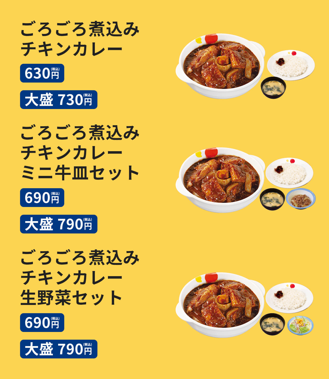 ごろごろ煮込みチキンカレー（みそ汁付） 並630円／大盛730円 ごろごろ煮込みチキンカレー ミニ牛皿セット（ミニ牛皿・みそ汁付） 並690円／大盛790円 ごろごろ煮込みチキンカレー 生野菜セット（生野菜・みそ汁付） 並690円／大盛790円 