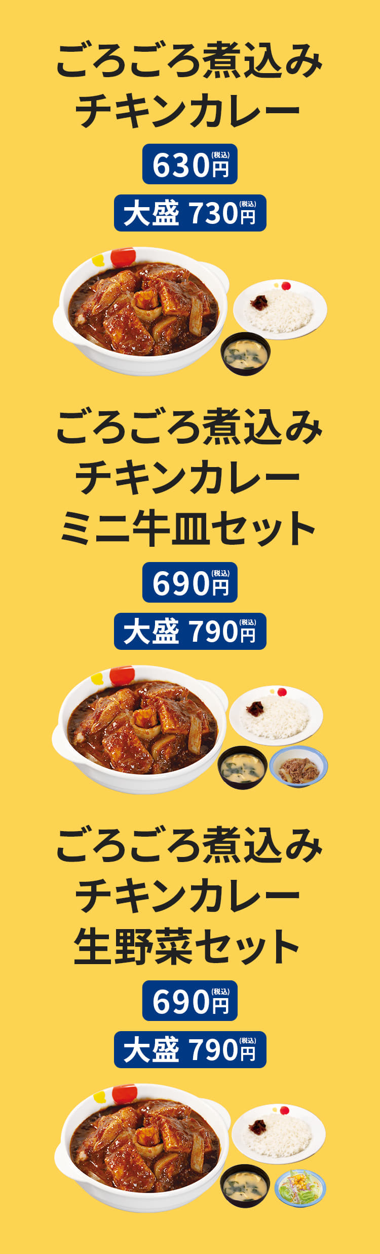 ごろごろ煮込みチキンカレー（みそ汁付） 並630円／大盛730円 ごろごろ煮込みチキンカレー ミニ牛皿セット（ミニ牛皿・みそ汁付） 並690円／大盛790円 ごろごろ煮込みチキンカレー 生野菜セット（生野菜・みそ汁付） 並690円／大盛790円 