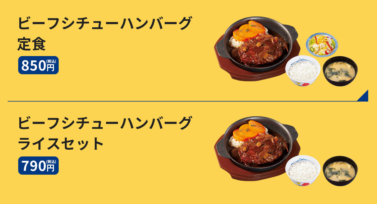 ビーフシチューハンバーグ定食（彩り生野菜・みそ汁付） 850円 ビーフシチューハンバーグライスセット（みそ汁付） 790円 ビーフシチューハンバーグ（単品） 650円