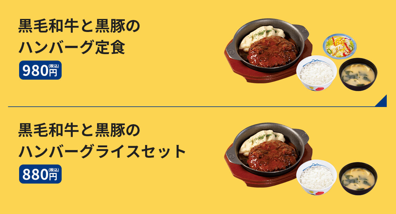 黒毛和牛と黒豚のハンバーグ定食　980円 黒毛和牛と黒豚のハンバーグライスセット　880円 黒毛和牛と黒豚のハンバーグ単品　780円