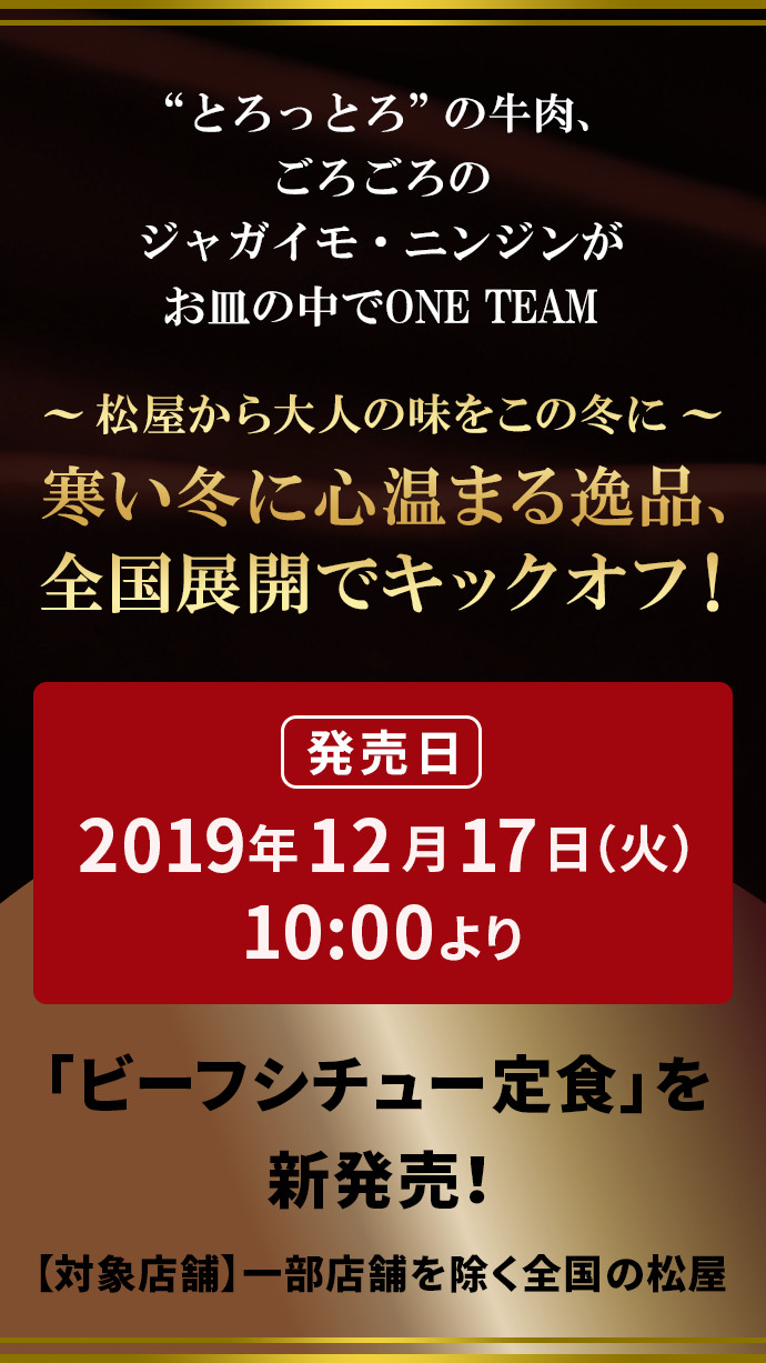 “とろっとろ”の牛肉、ごろごろのジャガイモ・ニンジンがお皿の中でONE TEAM 〜松屋から大人の味をこの冬に〜 寒い冬に心温まる逸品、全国展開でキックオフ！ 発売日 2019年12月１7日（火）10 :00より「ビーフシチュー定食」を新発売！ 【対象店舗】一部店舗を除く全国の松屋