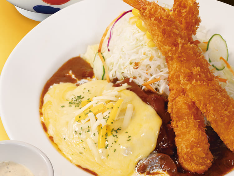 ブラウンソースチーズハンバーグ海老フライ定食