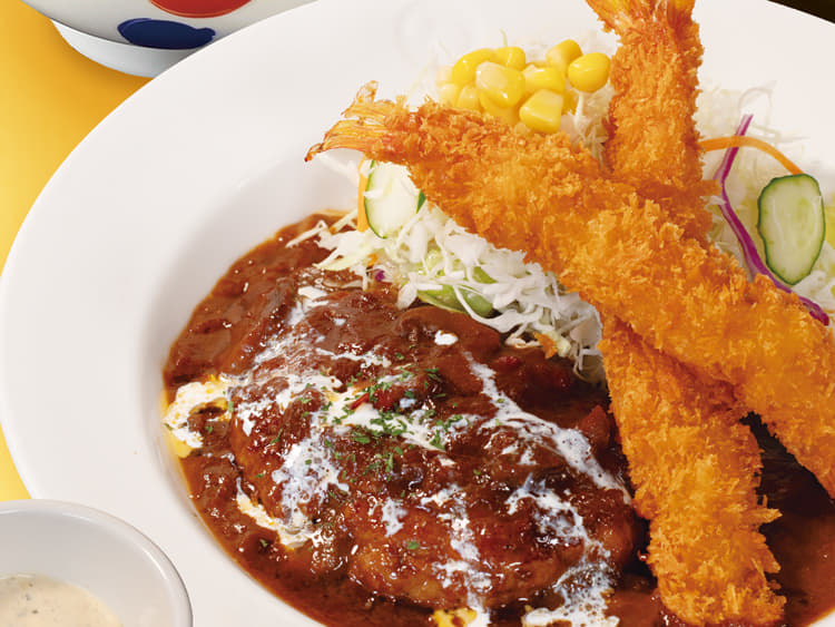 ブラウンソースハンバーグ海老フライ定食