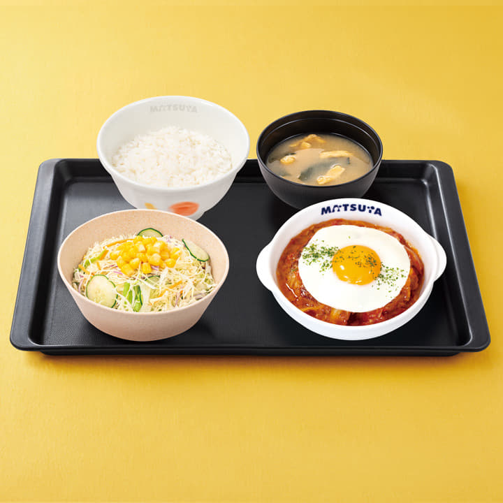 煮込みキャベツのエッグトマトハンバーグ定食