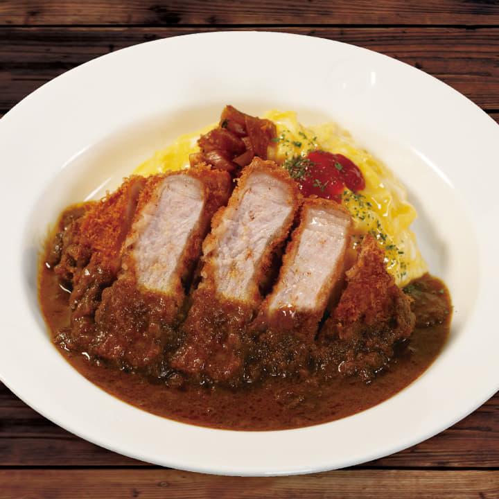"大麦豚"厚切りリブロースかつオムレツ欧風ビーフカレー