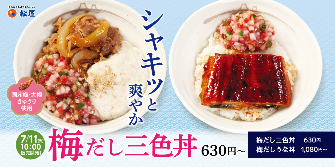 夏にぴったりの爽やかさっぱりだし「梅だし三色丼」「松屋の梅だしうな丼」新発売