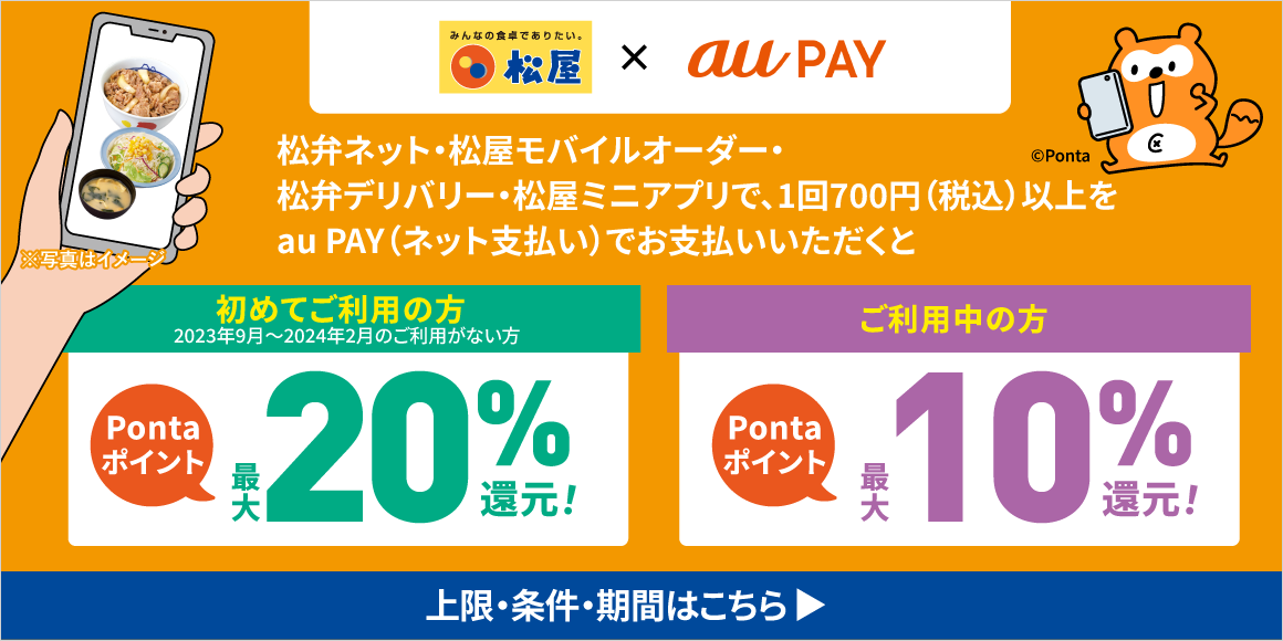 【au PAY】新規ユーザー20％（40P/200円）・既存ユーザー10%（20P/200円）